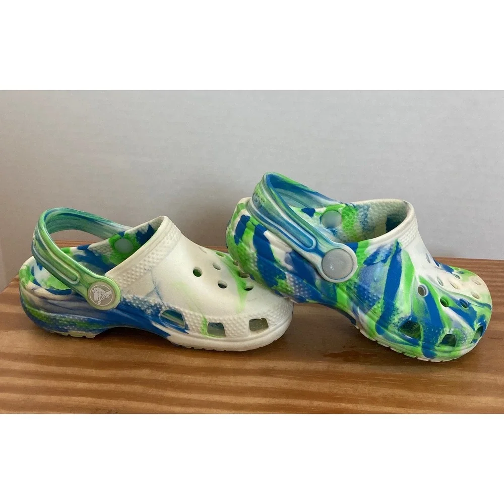 Crocs Kids C9 White Blue Green Marbled Classic Clog Shoes Tie Dye Casual Slip On